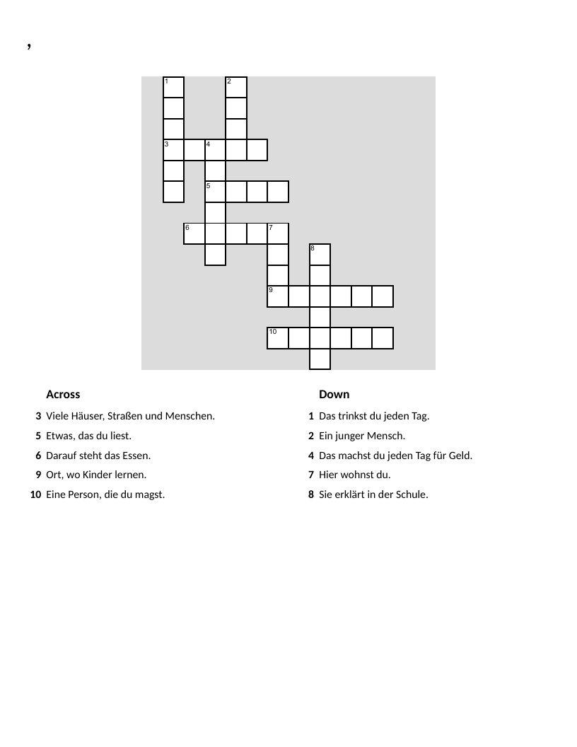 German vocabulary crossword with everyday words like house, school, and friend.