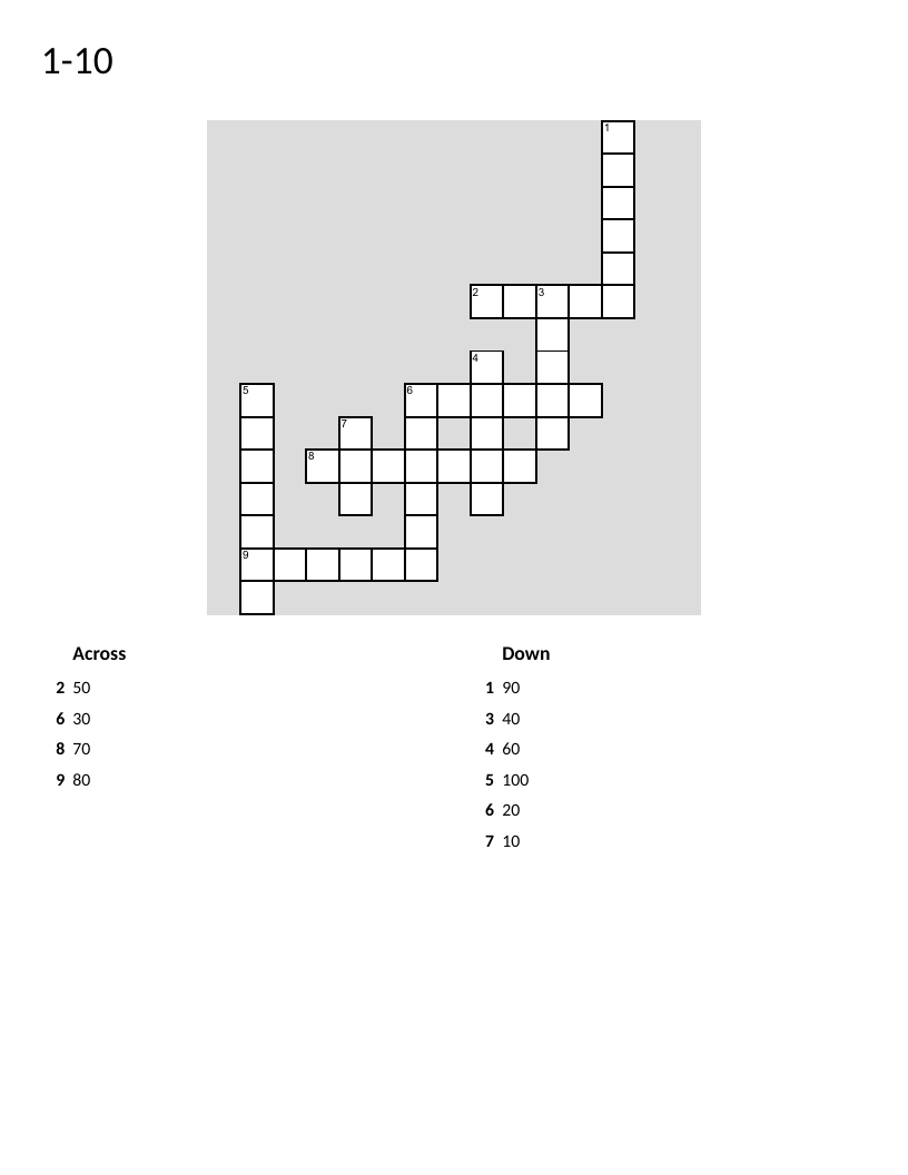 Number words crossword for young learners with ten through one hundred.