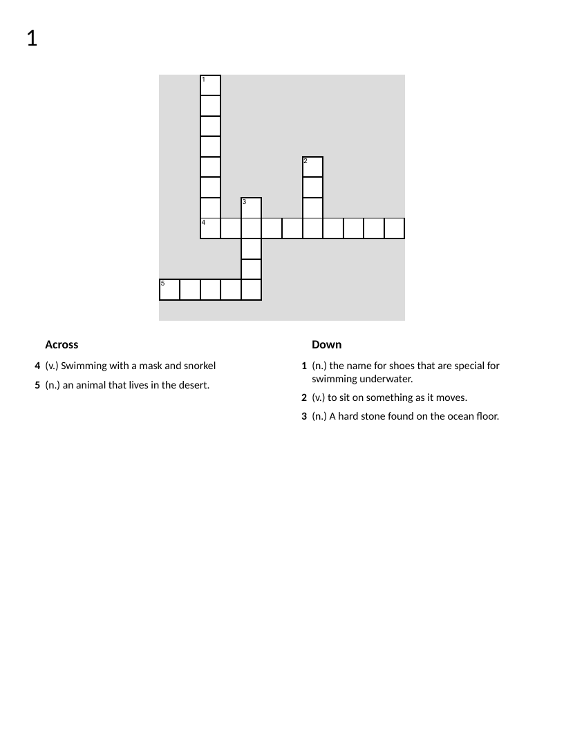 Vocabulary crossword with ocean words, snorkeling, coral, and flippers.