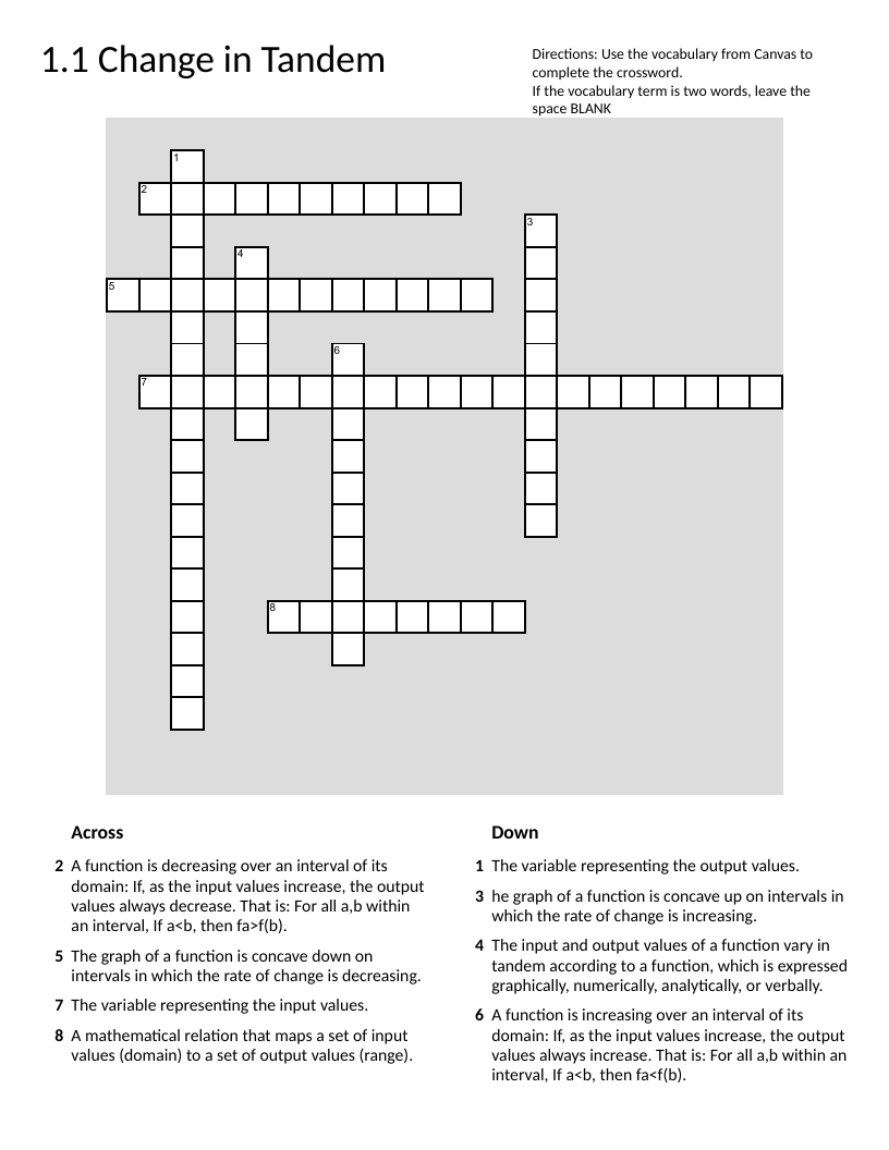 Crossword on functions, rate of change, concavity, and increasing/decreasing behavior.