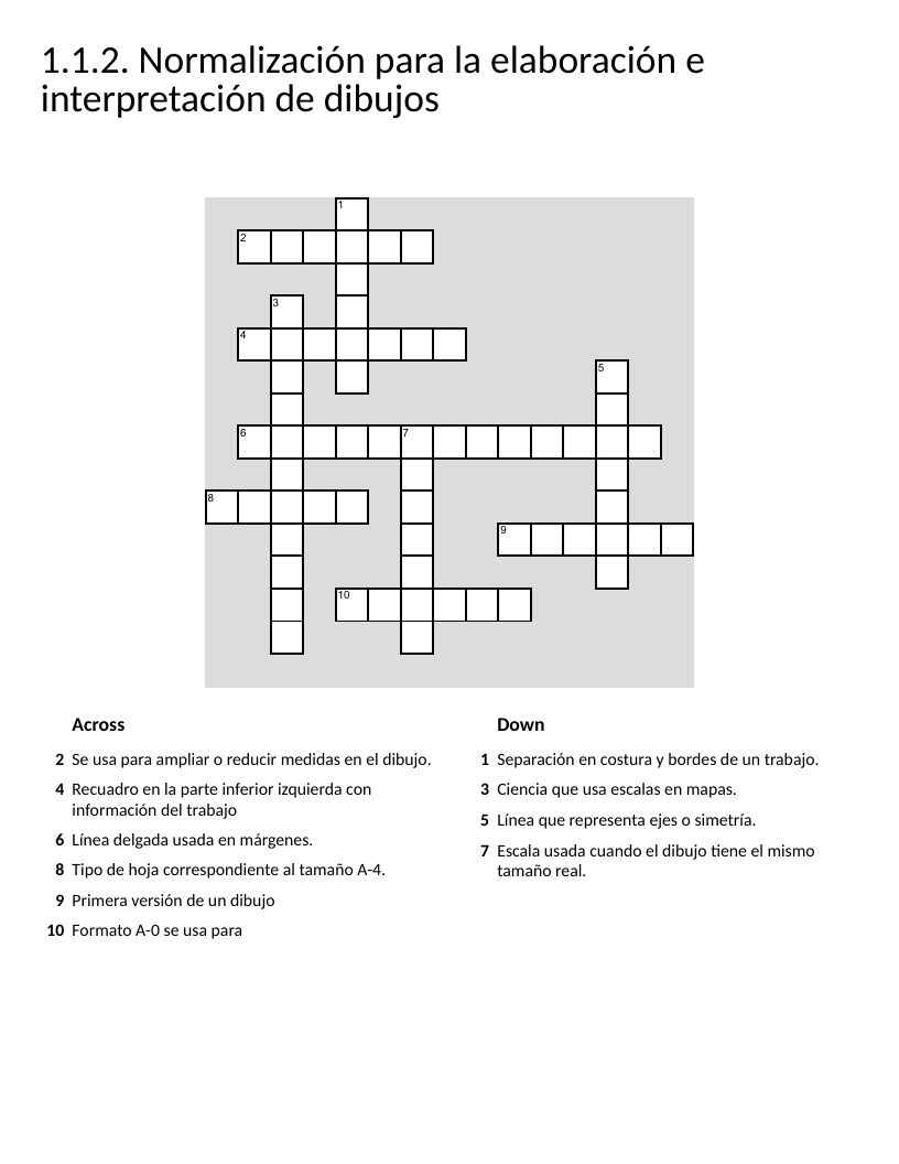 Technical drawing standards crossword with scale, margins, and blueprint format vocabulary.