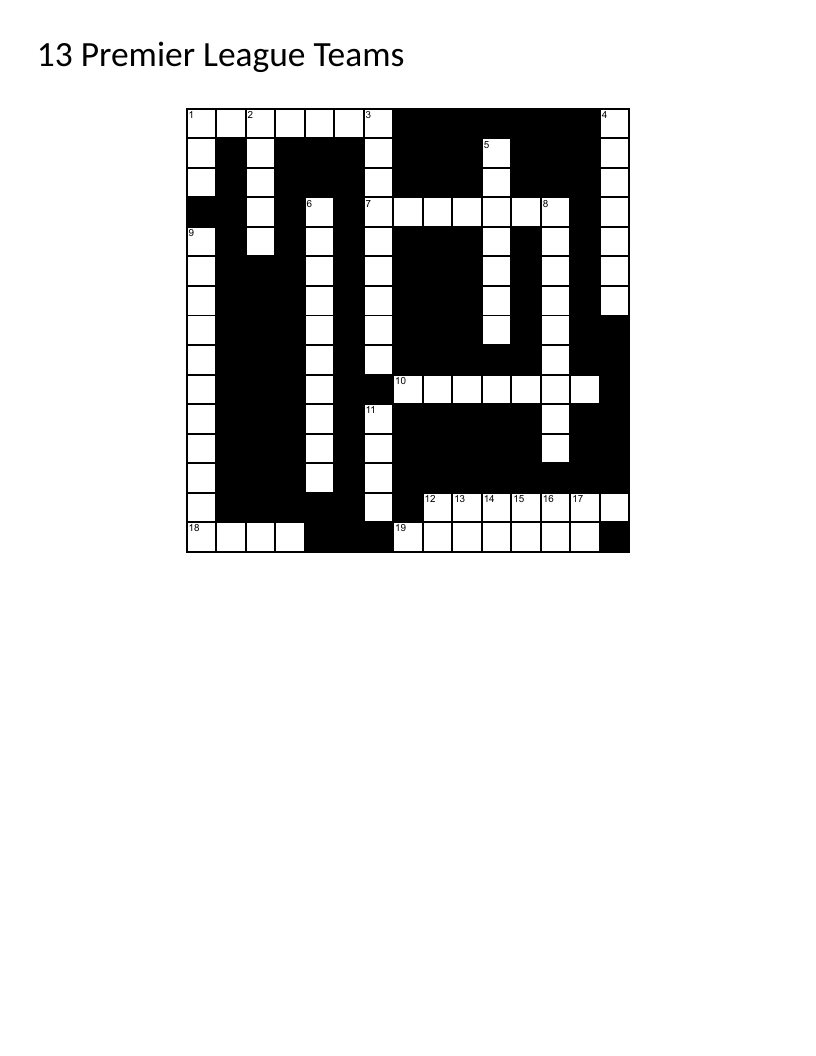 Premier League teams crossword with Arsenal, Chelsea, Liverpool, and other England football clubs.