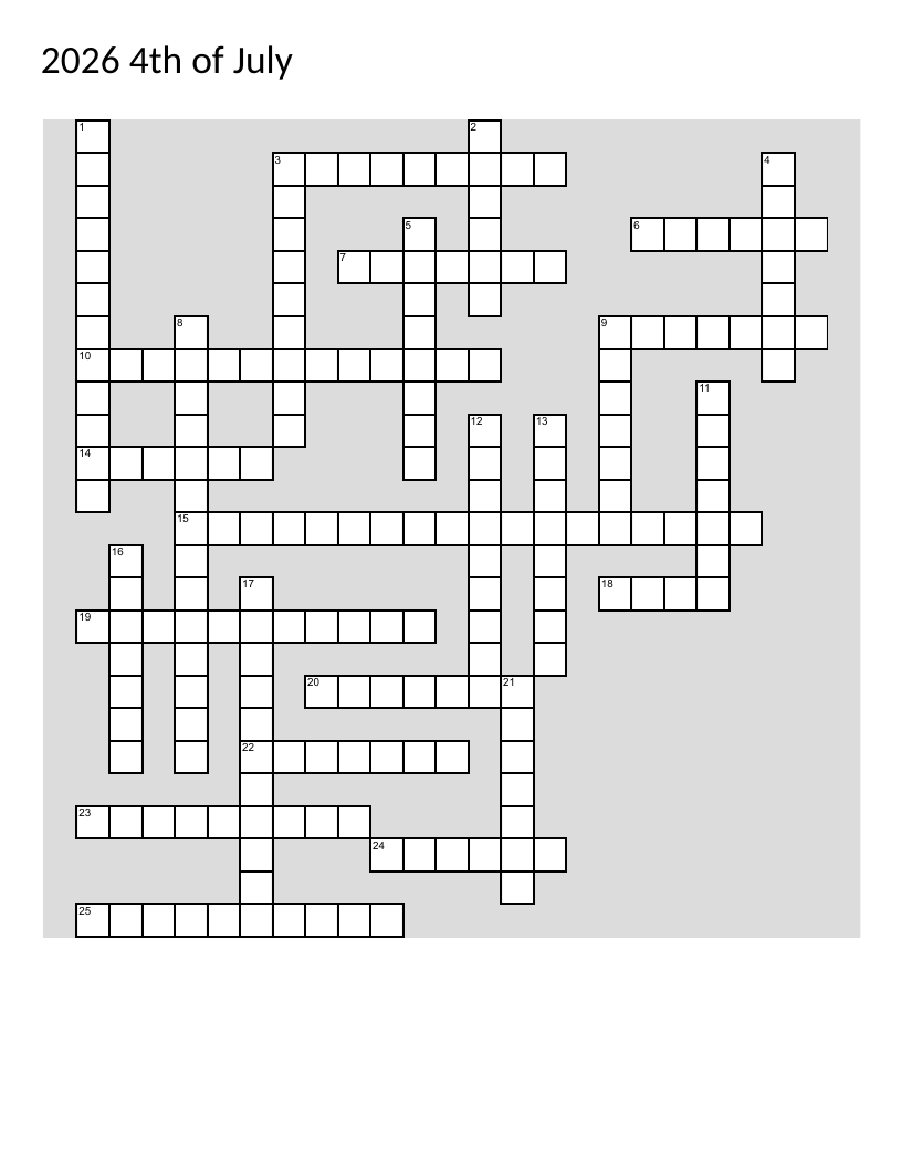 Independence Day crossword with vocabulary about freedom, fireworks, and American patriotism.