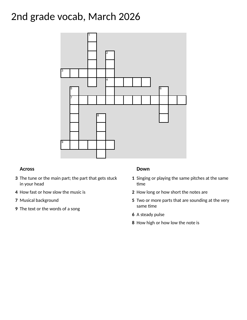 Music vocabulary crossword with melody, tempo, rhythm, and harmony.