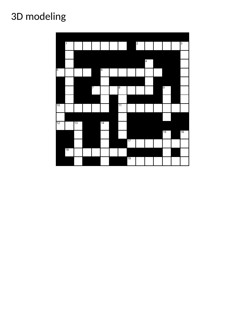 3D modeling crossword with Blender, rendering, and CGI film history.