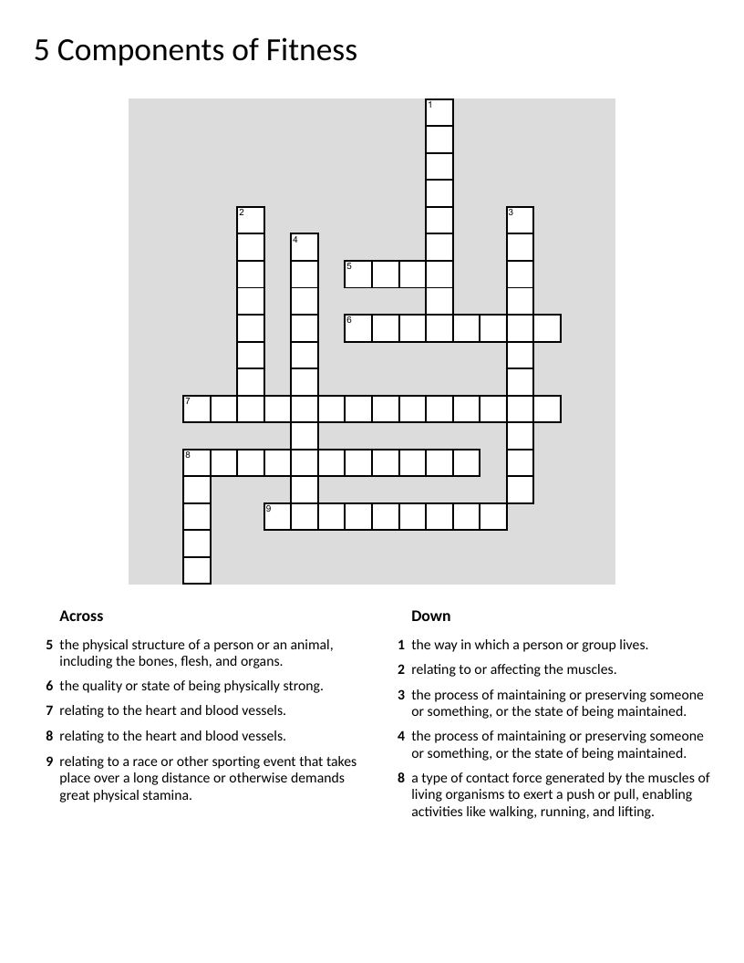 Fitness components crossword with cardiovascular, strength, flexibility, and endurance.