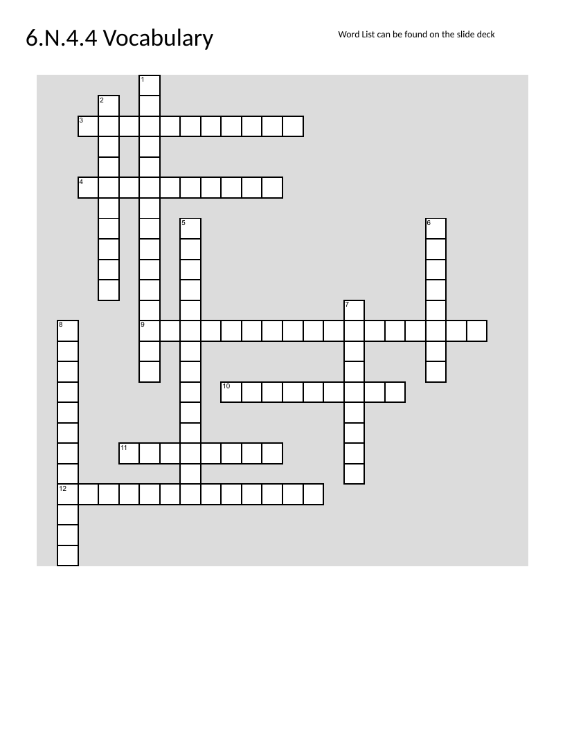 Grade 6 fractions vocabulary crossword with numerator, denominator, and mixed numbers.
