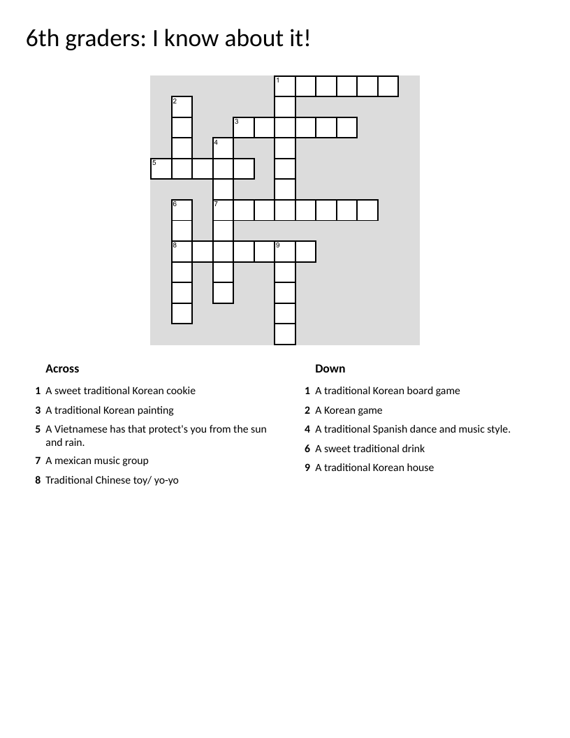 World cultures crossword puzzle with Korean, Vietnamese, Spanish, and Mexican traditions.