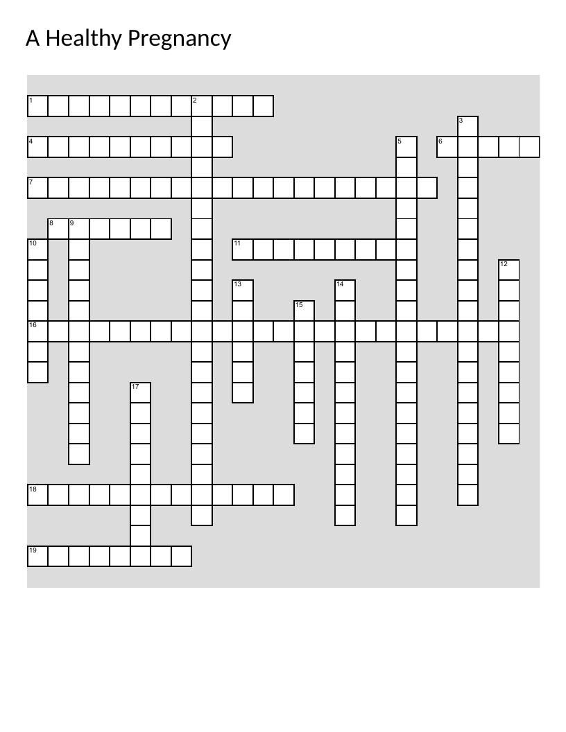 Pregnancy and prenatal health crossword covering obstetric terms and childbirth.