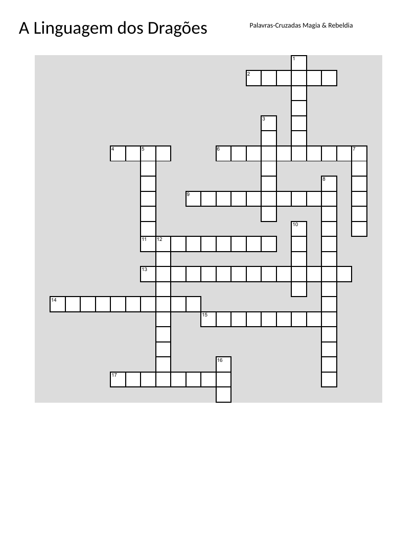 Portuguese crossword for "The Language of Dragons" with characters, settings, and plot details.