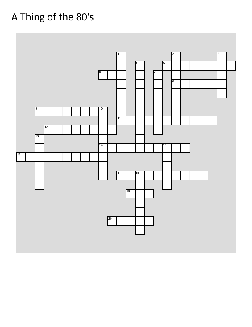 1980s nostalgia crossword with Walkman, Rubik's Cube, and VHS.