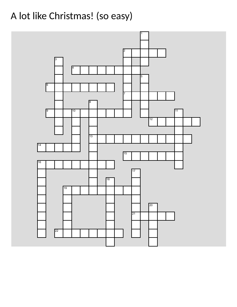 Easy winter and Christmas crossword with snowman, Santa, sledding, and holiday words.