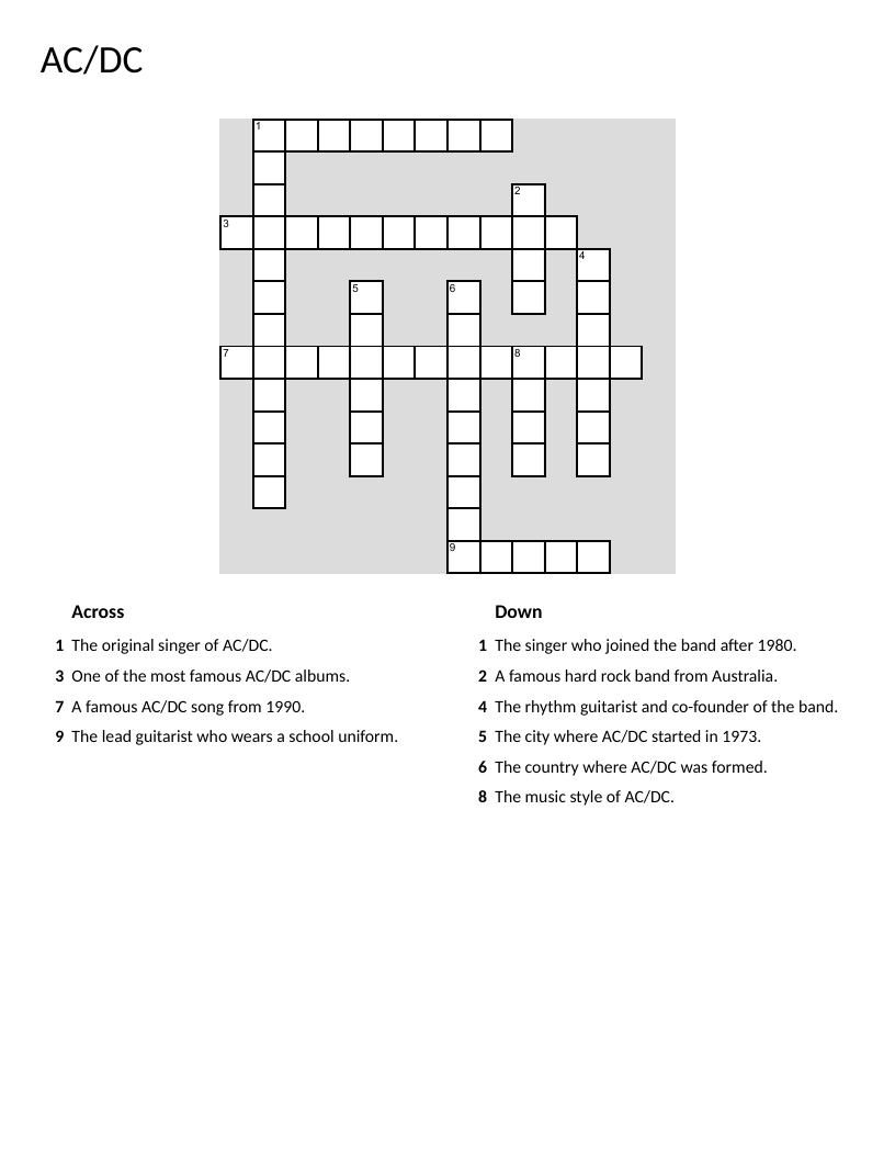 AC/DC band history crossword puzzle with members, albums, and songs.