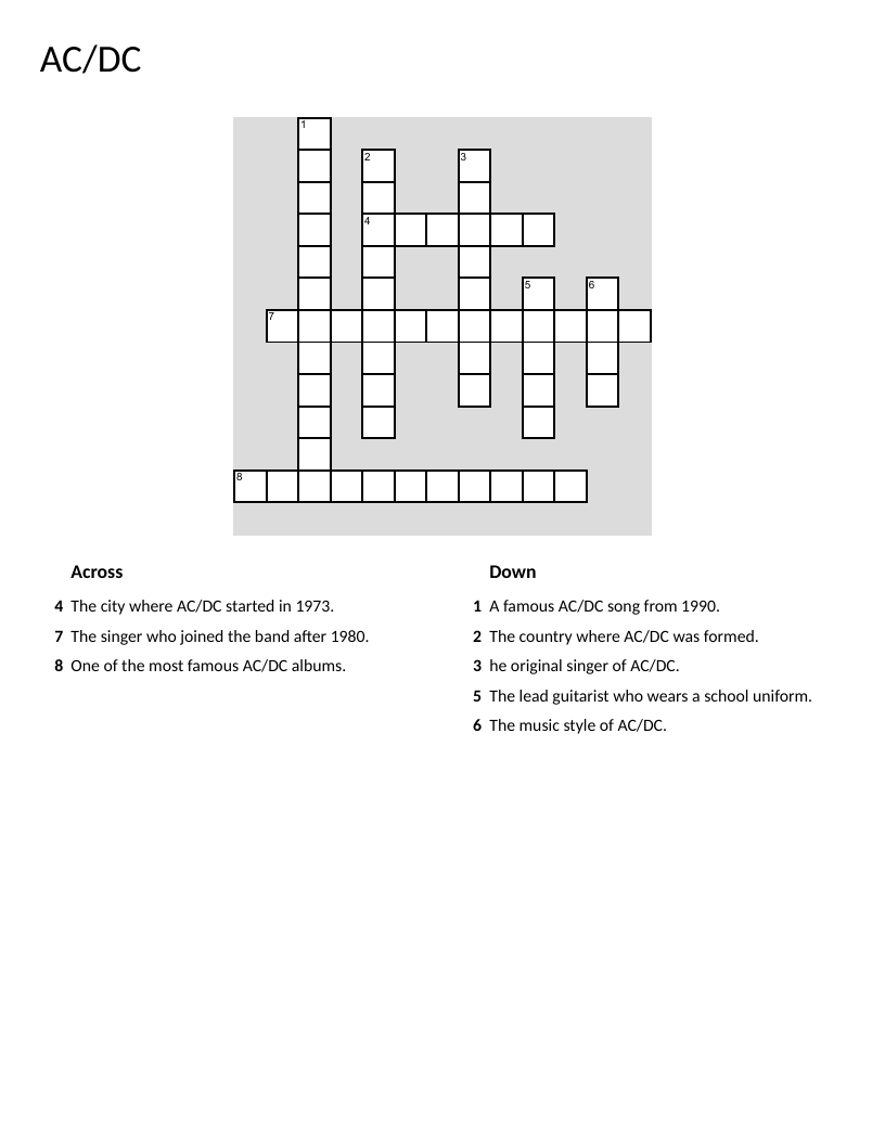 AC/DC band history crossword with Back in Black, Angus Young, and Australian rock origins.
