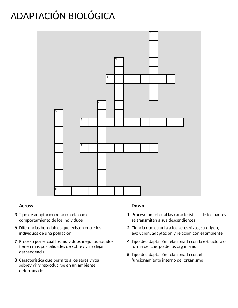 Spanish biology crossword on adaptation, natural selection, and heredity.