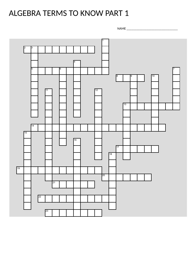 Algebra vocabulary crossword with terms like variable, function, and slope.