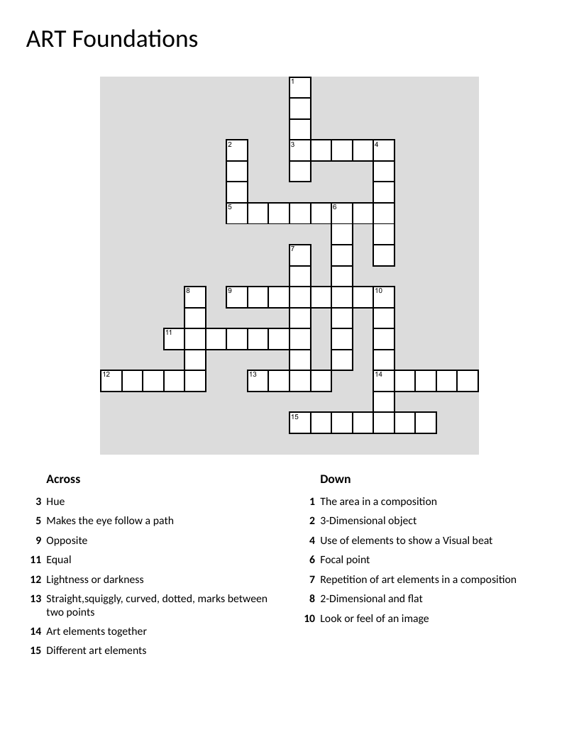 Art foundations crossword with vocabulary like color, texture, balance, and rhythm.