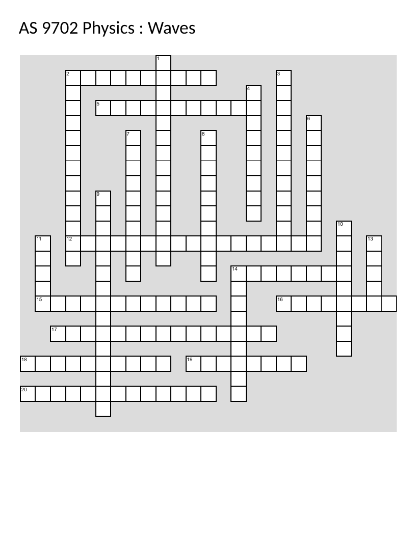 A-Level physics crossword puzzle on waves, diffraction, and polarisation concepts.