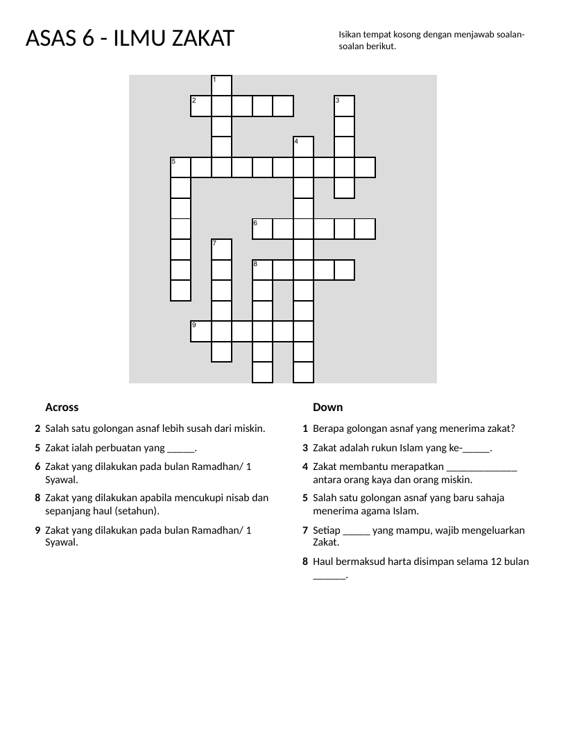 Malay-language zakat crossword covering Islamic charitable giving and recipients.