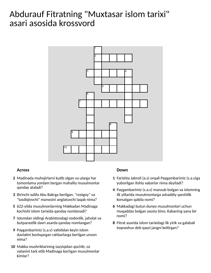 Islamic history crossword in Uzbek covering the Hijrah, caliphs, and early Muslim battles.