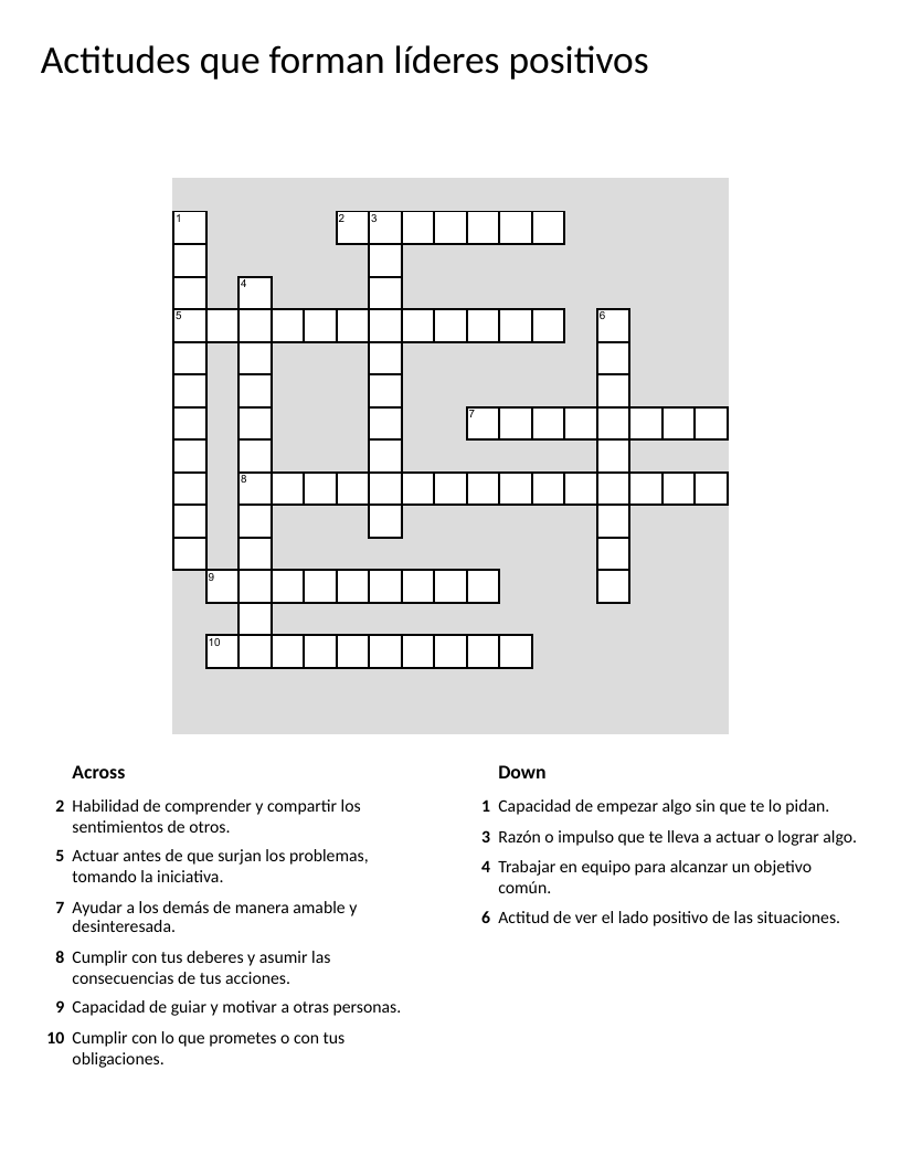 Spanish crossword on positive leadership attitudes: empathy, responsibility, collaboration, and more.