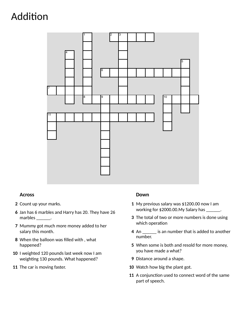 Addition math vocabulary crossword with clues about addend, perimeter, and combining numbers.