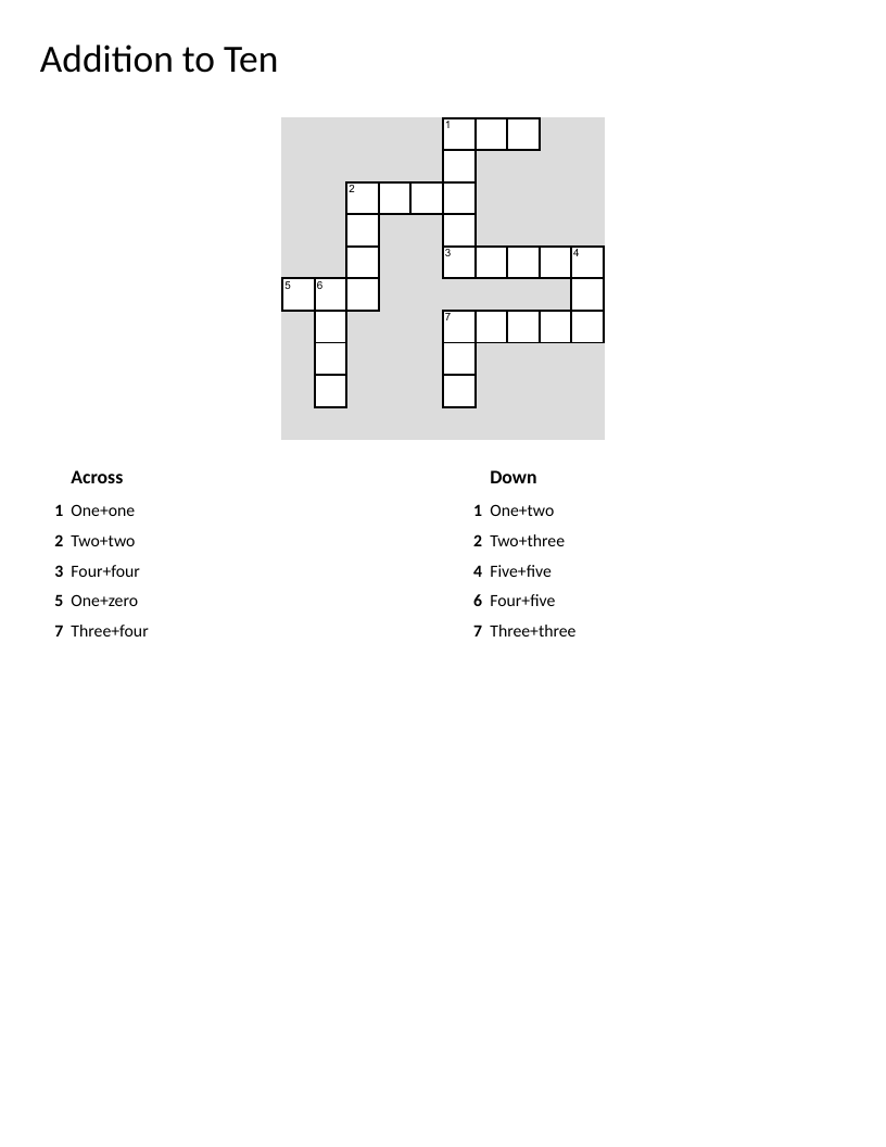 Addition to ten crossword puzzle with basic math facts for early elementary.