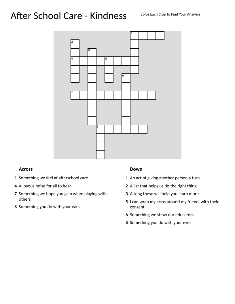 Kindness-themed crossword with words like friendship, share, and respect for after school care.