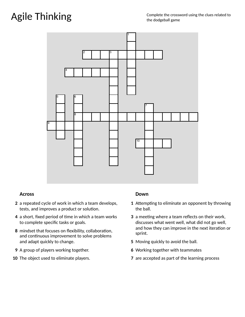 Agile Thinking crossword puzzle with iteration, sprint, and teamwork.