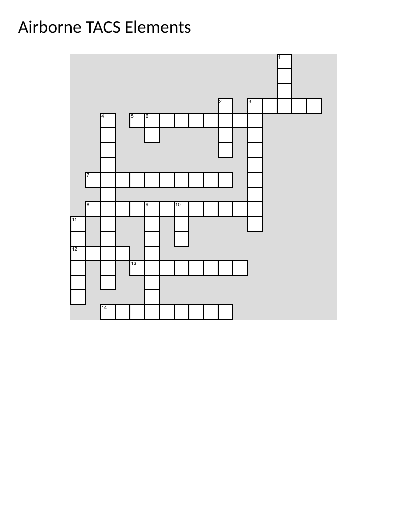 Airborne TACS military aviation crossword puzzle with AWACS, FACA, and intelligence systems.