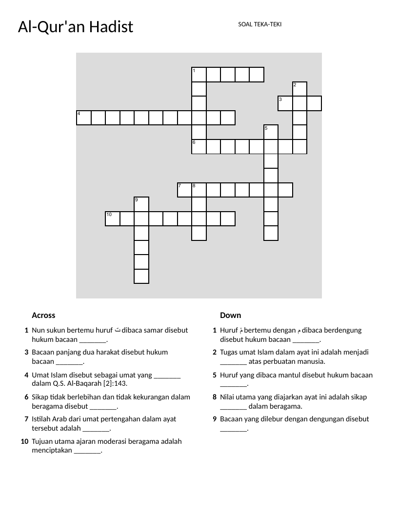Al-Qur'an and Hadith crossword with tajweed rules and Islamic concepts in Indonesian.