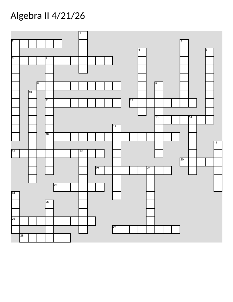 Algebra II vocabulary crossword with terms like domain, parabola, and quadratic.