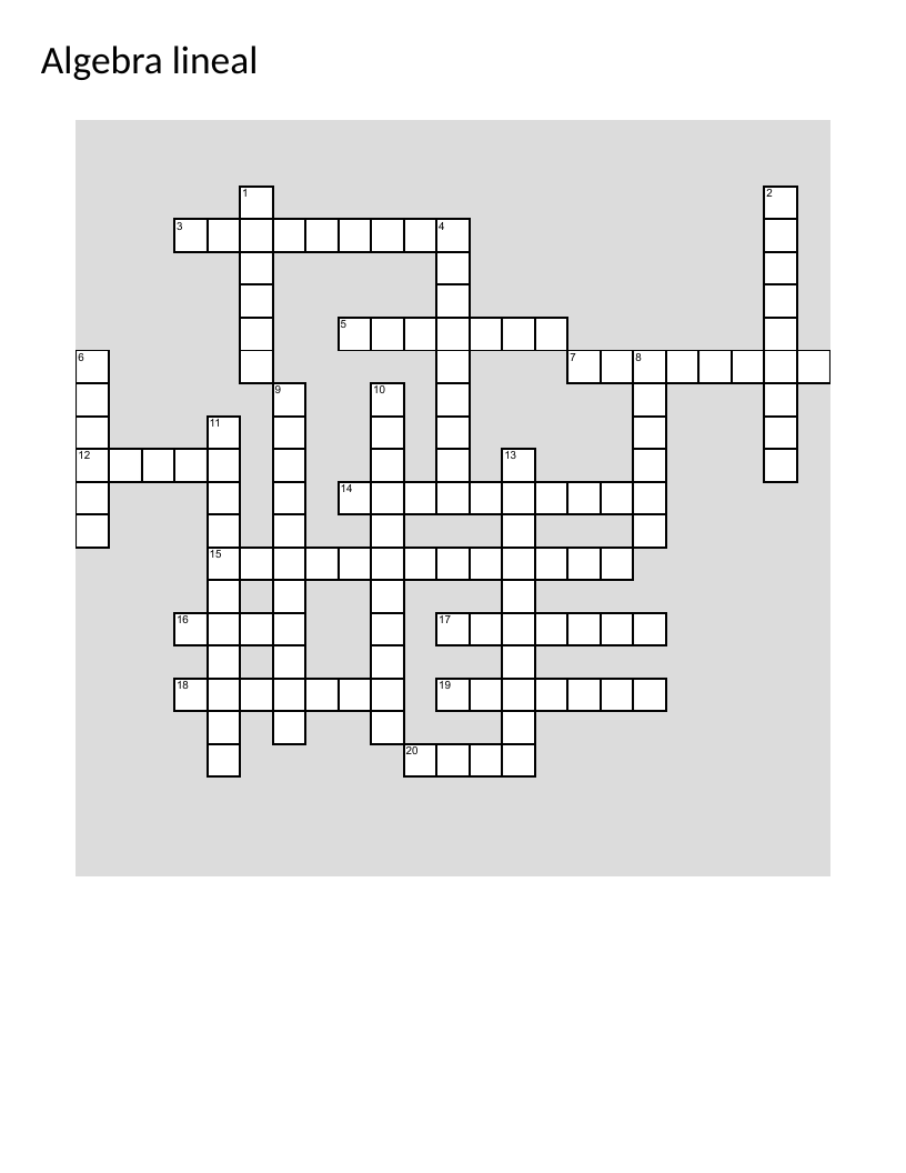 Linear algebra crossword with Spanish clues covering matrices, vectors, and eigenvalues.