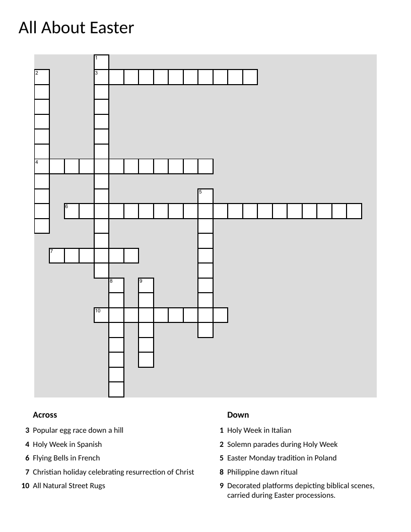 Easter crossword with traditions like egg rolling, processions, and Holy Week customs.