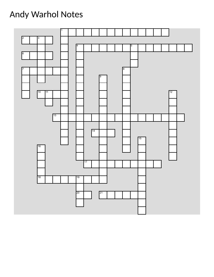 Photoshop crossword puzzle for Andy Warhol photo editing project with layers, rulers, and tools.