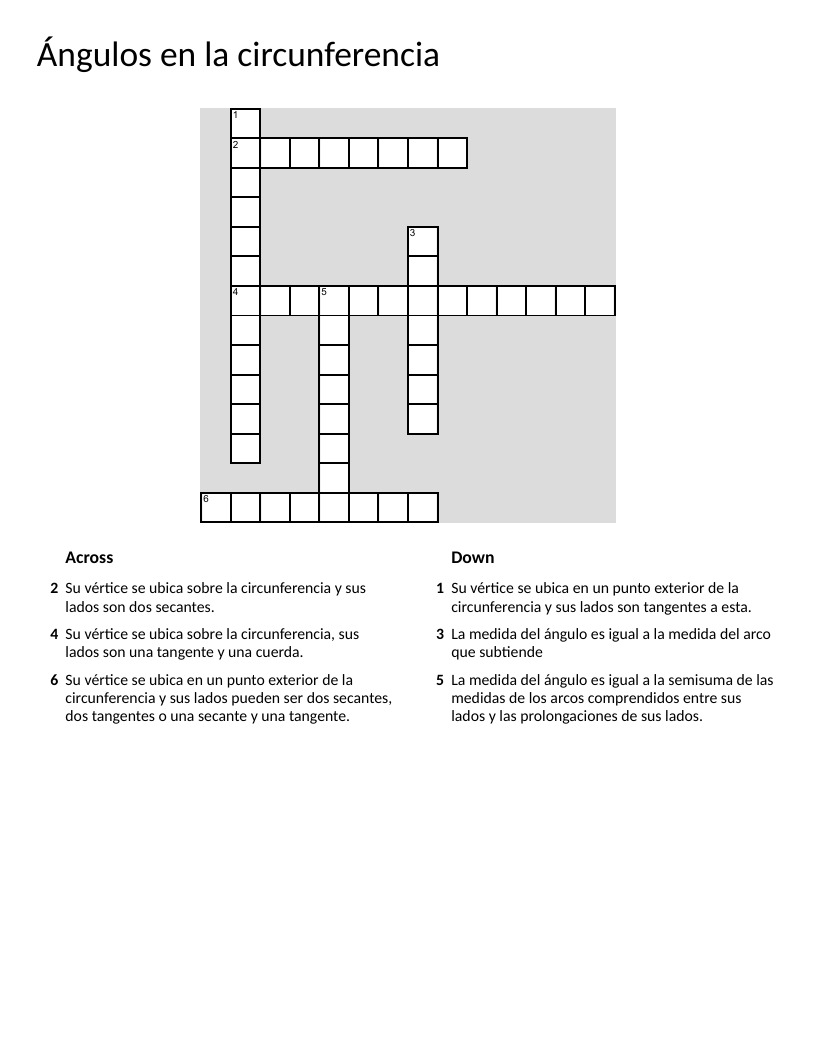 Geometry crossword on circle angles: inscribed, central, interior, exterior.