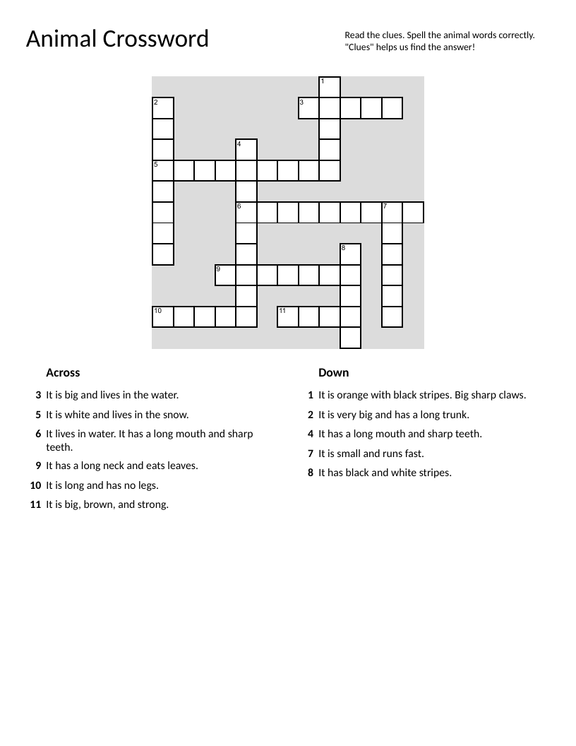Animal crossword with hippo, polar bear, giraffe, tiger, and elephant.