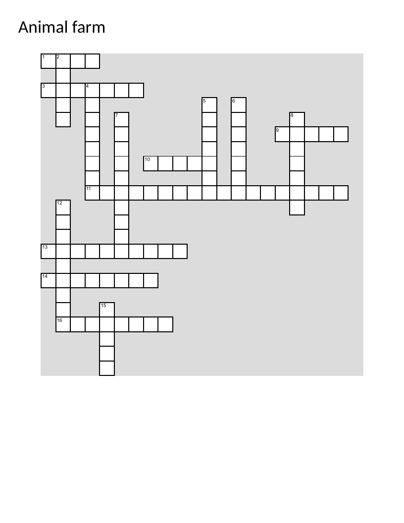 Animal Farm literature crossword with themes of propaganda, allegory, and political symbolism.