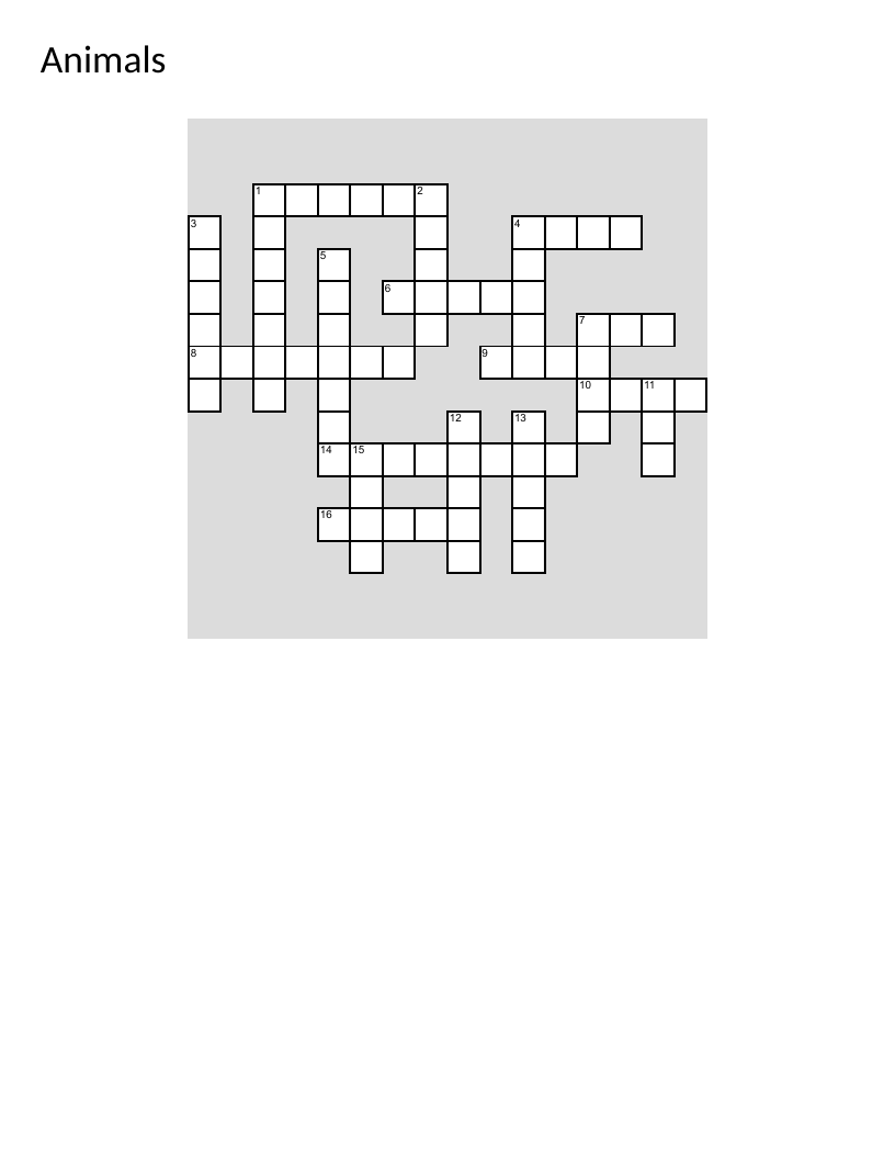 Animals crossword puzzle with rabbits, bears, giraffes, tigers, and whales for elementary students.
