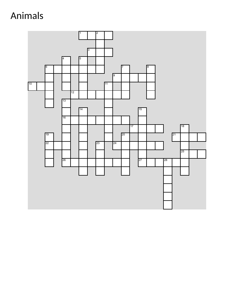 Animal vocabulary crossword with clues about penguin, shark, lion, and koala.