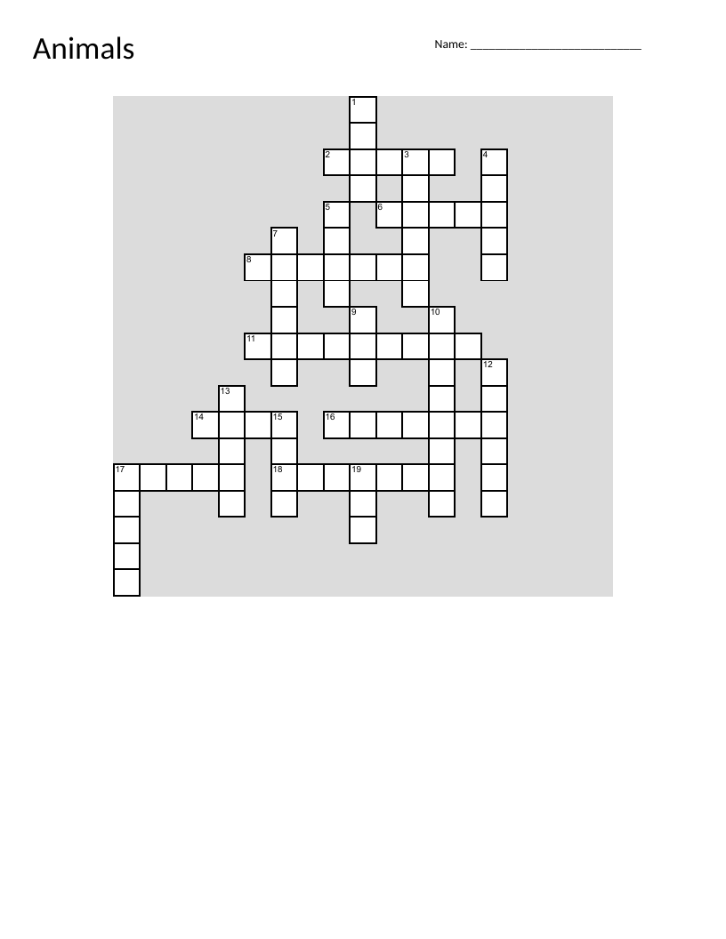 Animals crossword for early elementary with farm animals, wild animals, reptiles, and dolphins.
