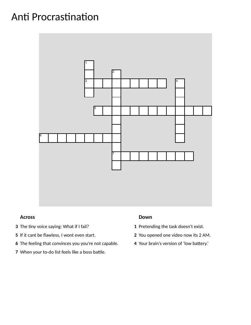 Anti-procrastination crossword exploring perfectionism, self-doubt, and distraction.