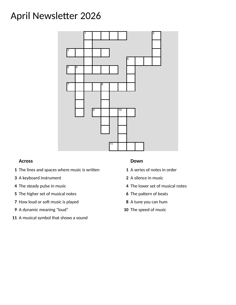 Music theory crossword with vocabulary like staff, tempo, rhythm, and dynamics.
