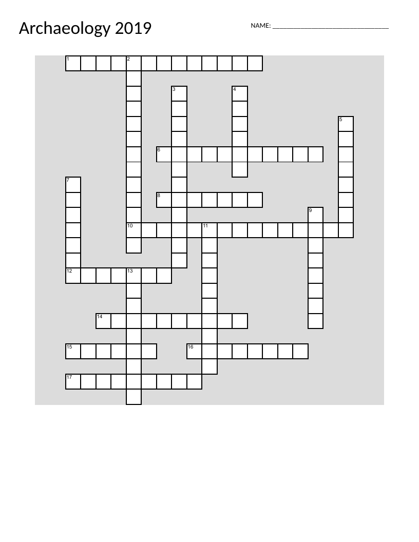 Archaeology crossword puzzle with vocabulary like artifact, fossil, and excavate.