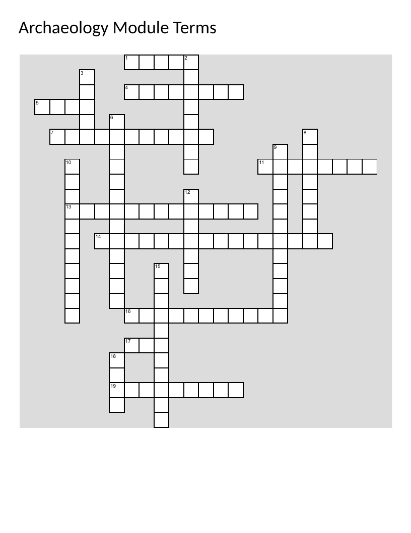 Archaeology crossword with terms like artifacts, sites, prehistoric, and cultural resources.
