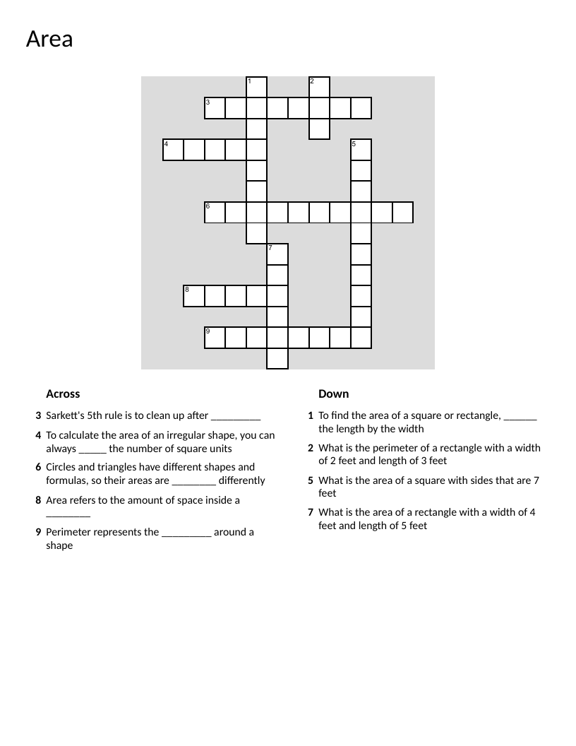 Math crossword on area and perimeter for measuring shapes.