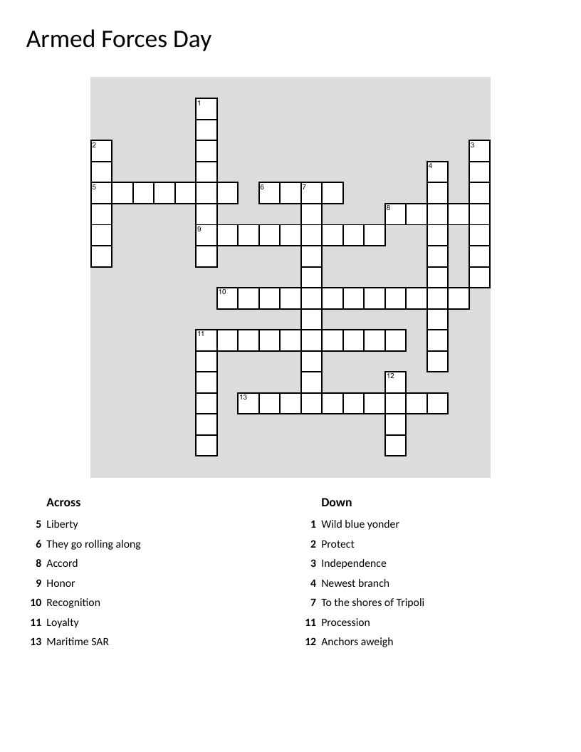 Armed Forces Day crossword with military branches, freedom, patriotism, and service.