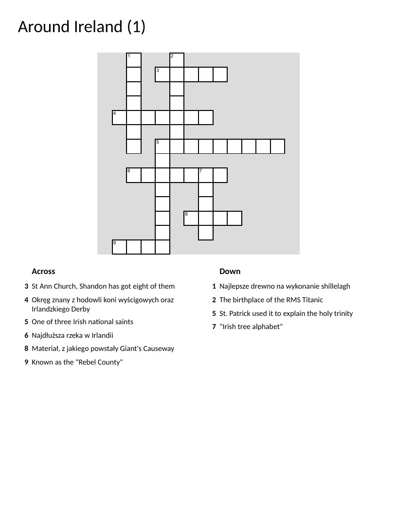 Irish geography crossword with Cork, Shamrock, and Belfast.