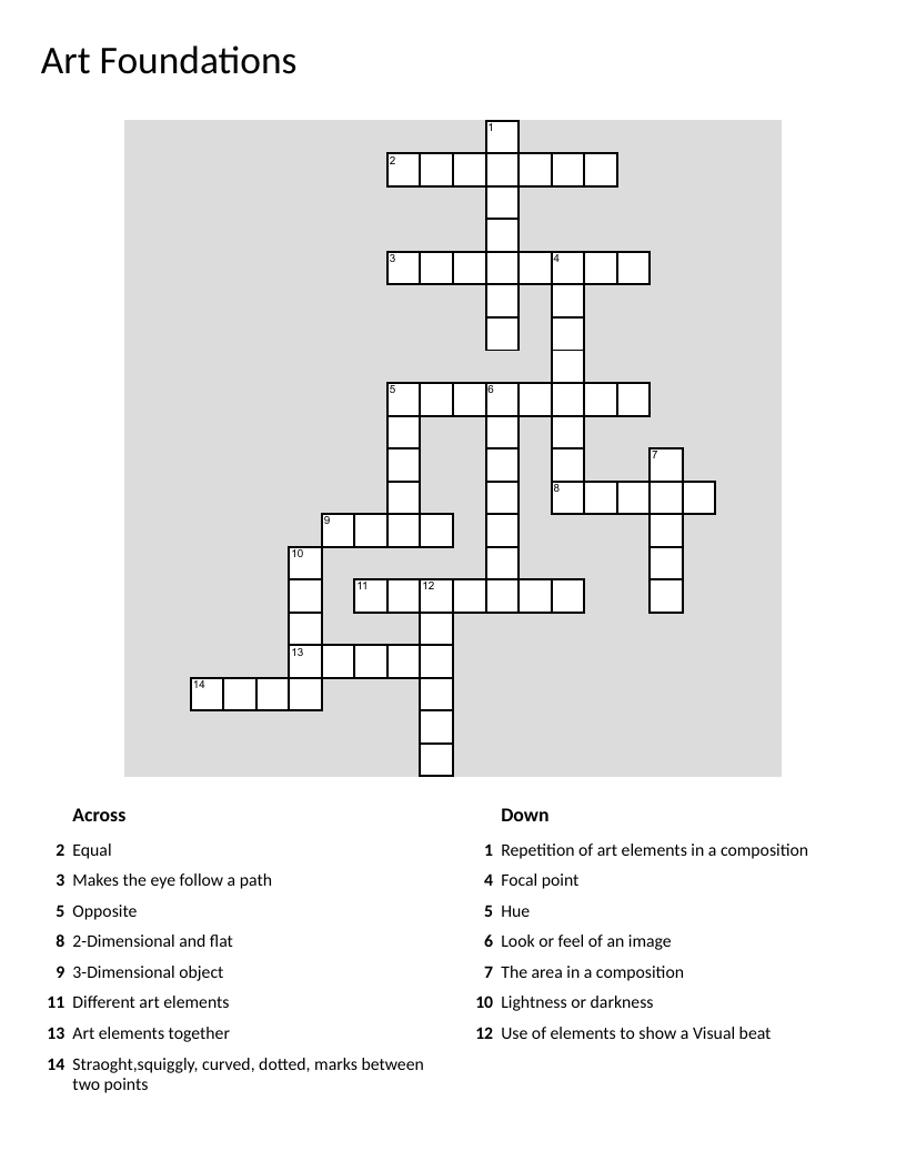Art vocabulary crossword covering balance, contrast, rhythm, and design principles.