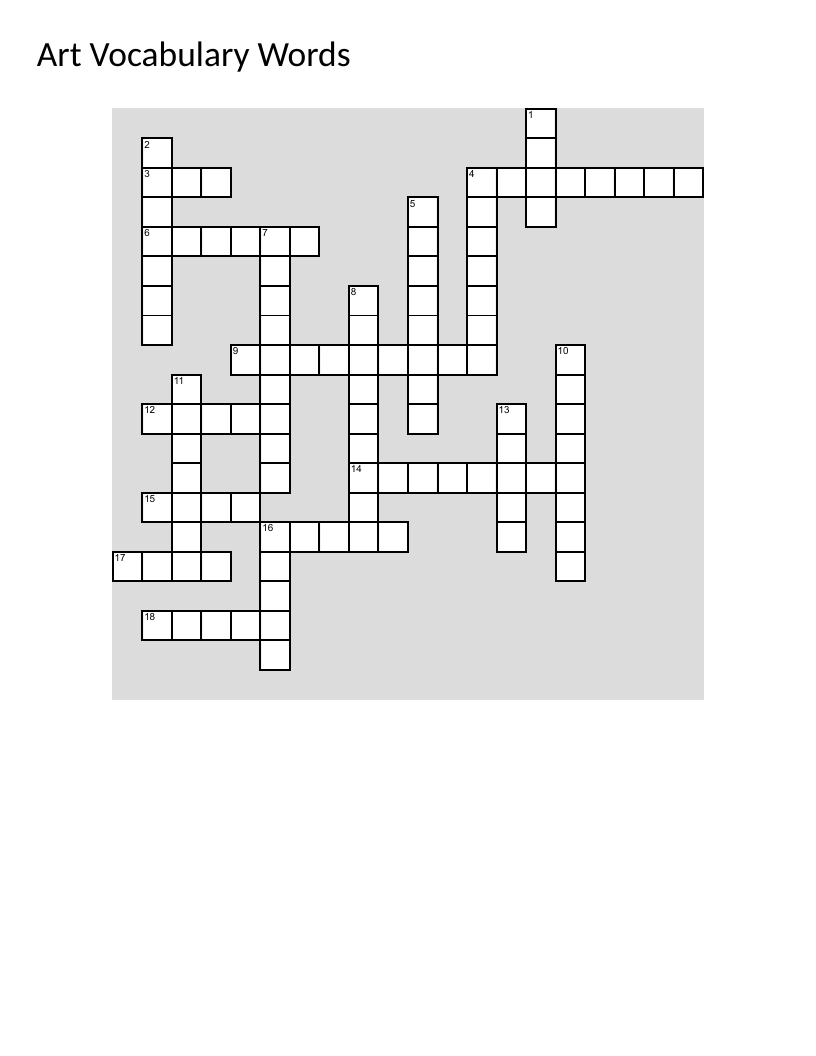 Art vocabulary crossword with terms like hue, contrast, shading, and composition.